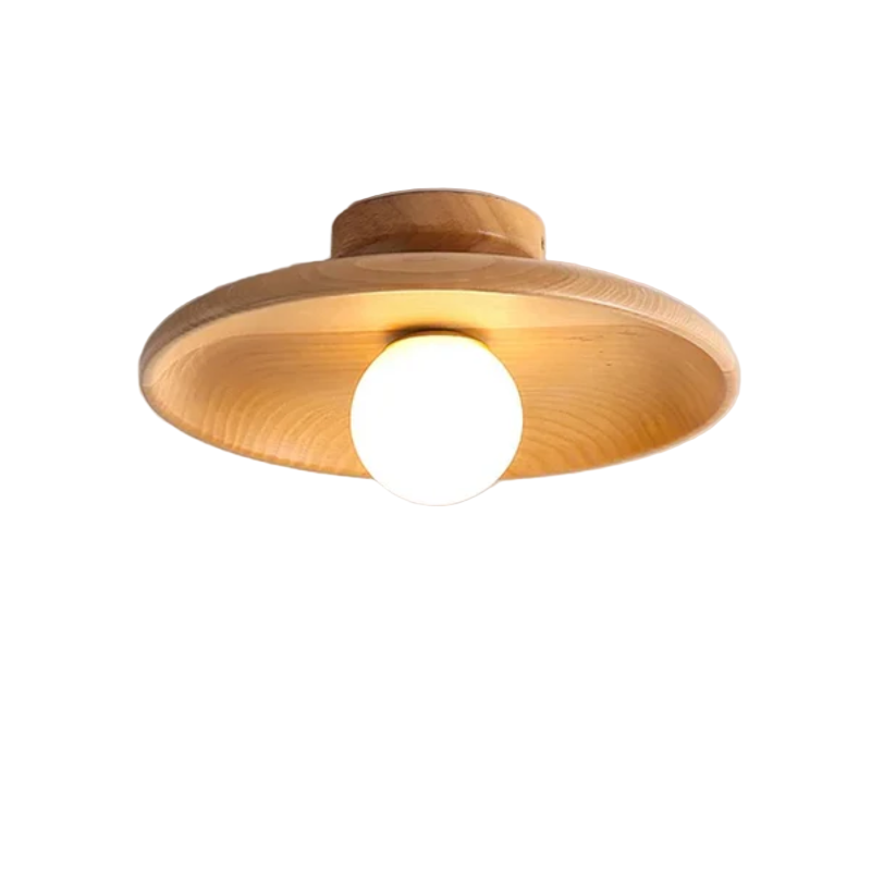 Moderne kuleformet taklampe i tre for varm stemning. Minimalistisk belysning til stue, spisestue eller kjøkken.