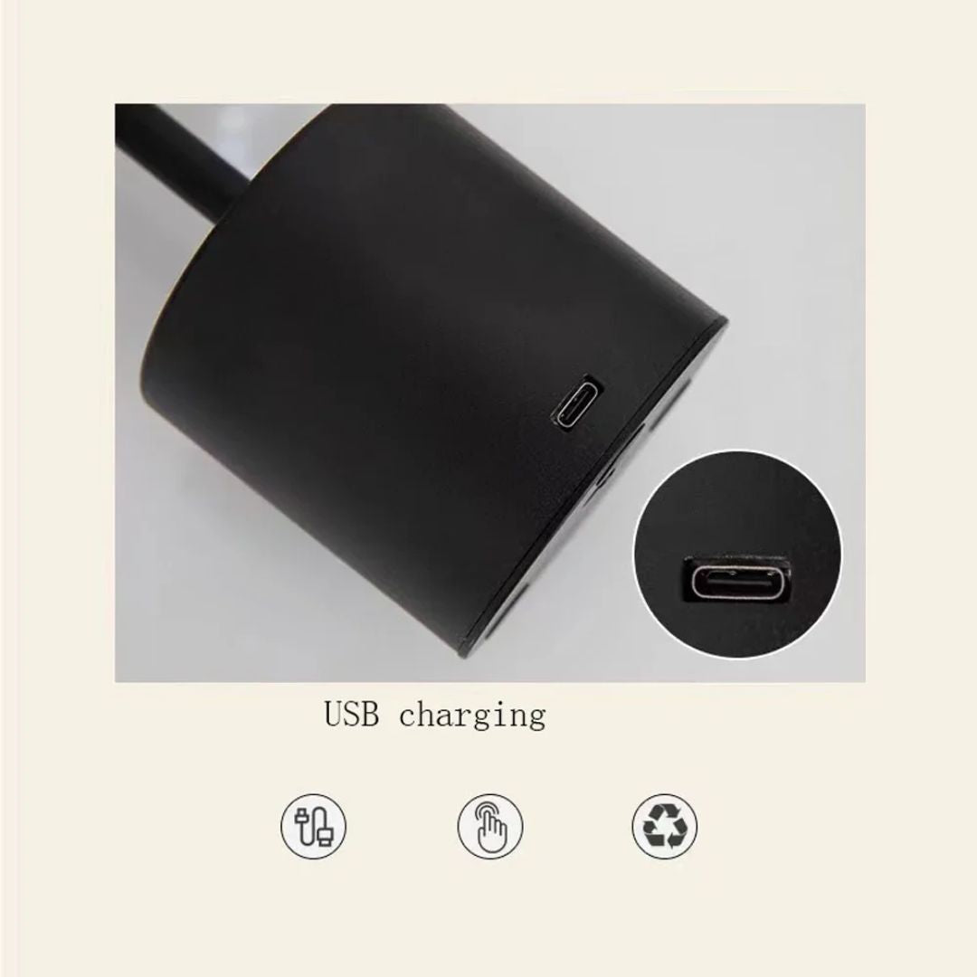 Moderne oppladbar LED bordlampe med trådløs funksjon, touch sensor og justerbart lys. Minimalistisk.