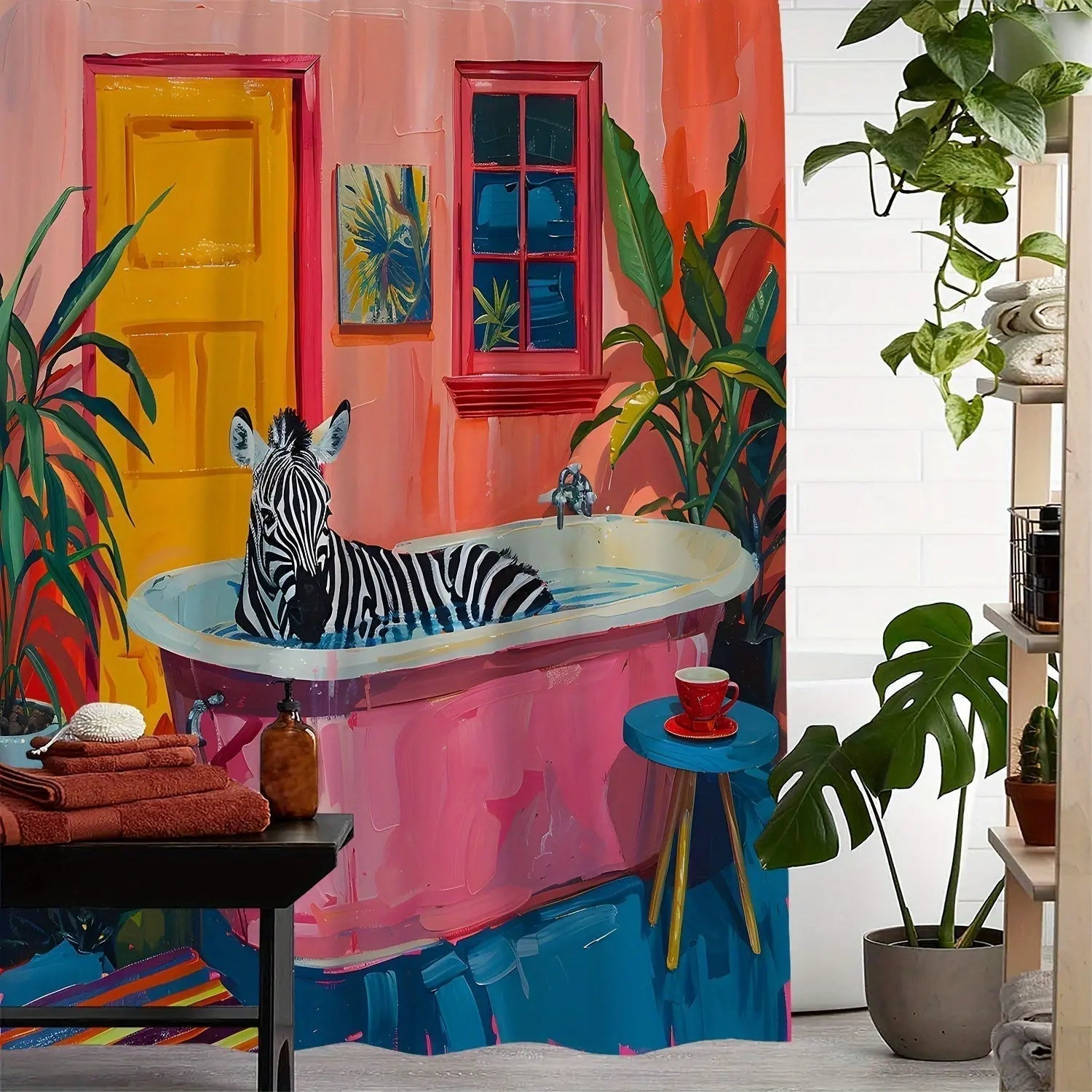 Eksotisk rosa zebra dusjforheng; vanntett, moderne baderomsdekor med unikt dyremønster for en stilfull baderomstil.