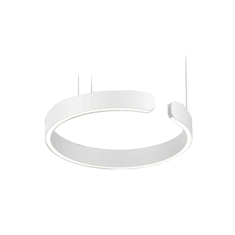 Moderne sirkulær LED-pendellampe for stue, elegant design, dimbar og justerbar høyde.