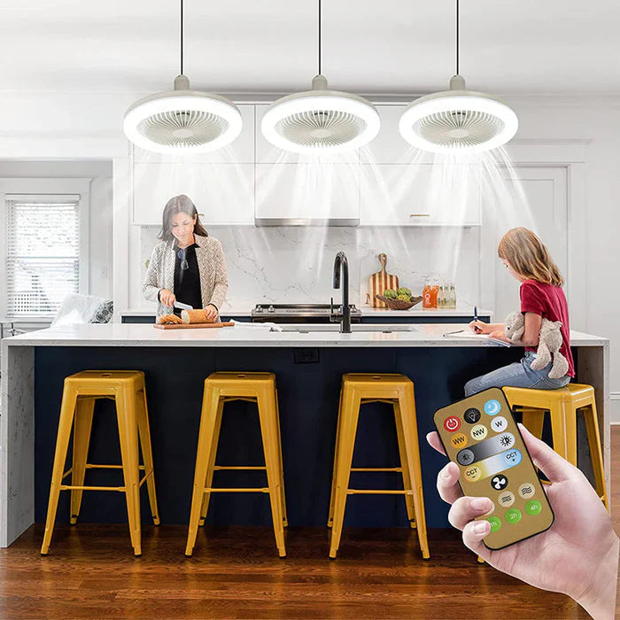 Funksjonell taklampe og takvifte i ett, med LED-lys og fjernkontroll for optimal inneklimakontroll.