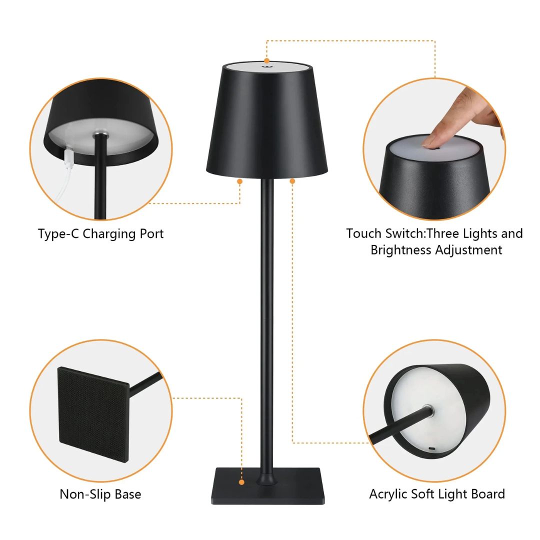 Vanntett trådløs bordlampe med USB-lading på uteplass, perfekt for fleksibel LED-belysning.