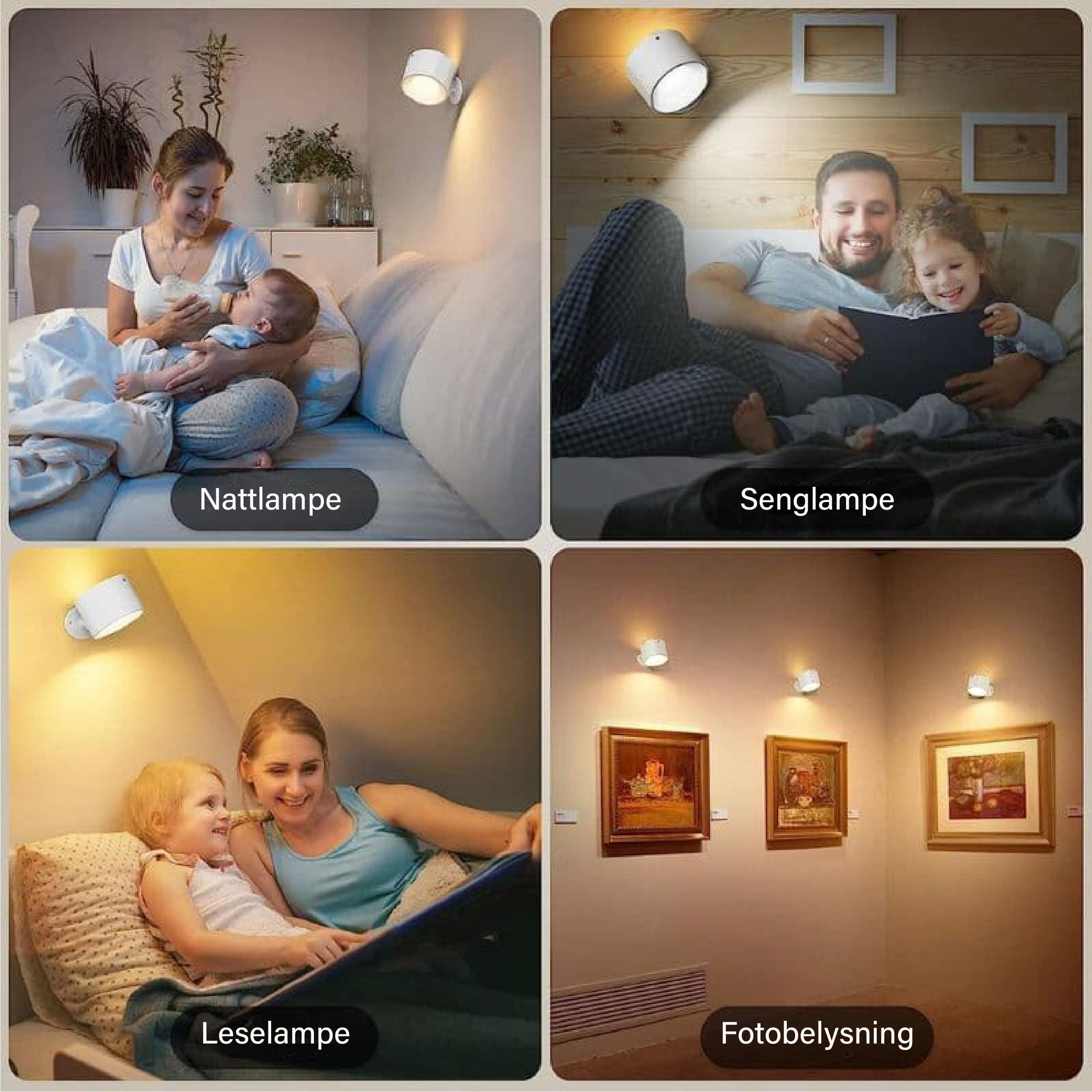 Moderne interiørbelysning: oppladbar trådløs LED vegglampe for lesing og generell rombelysning.
