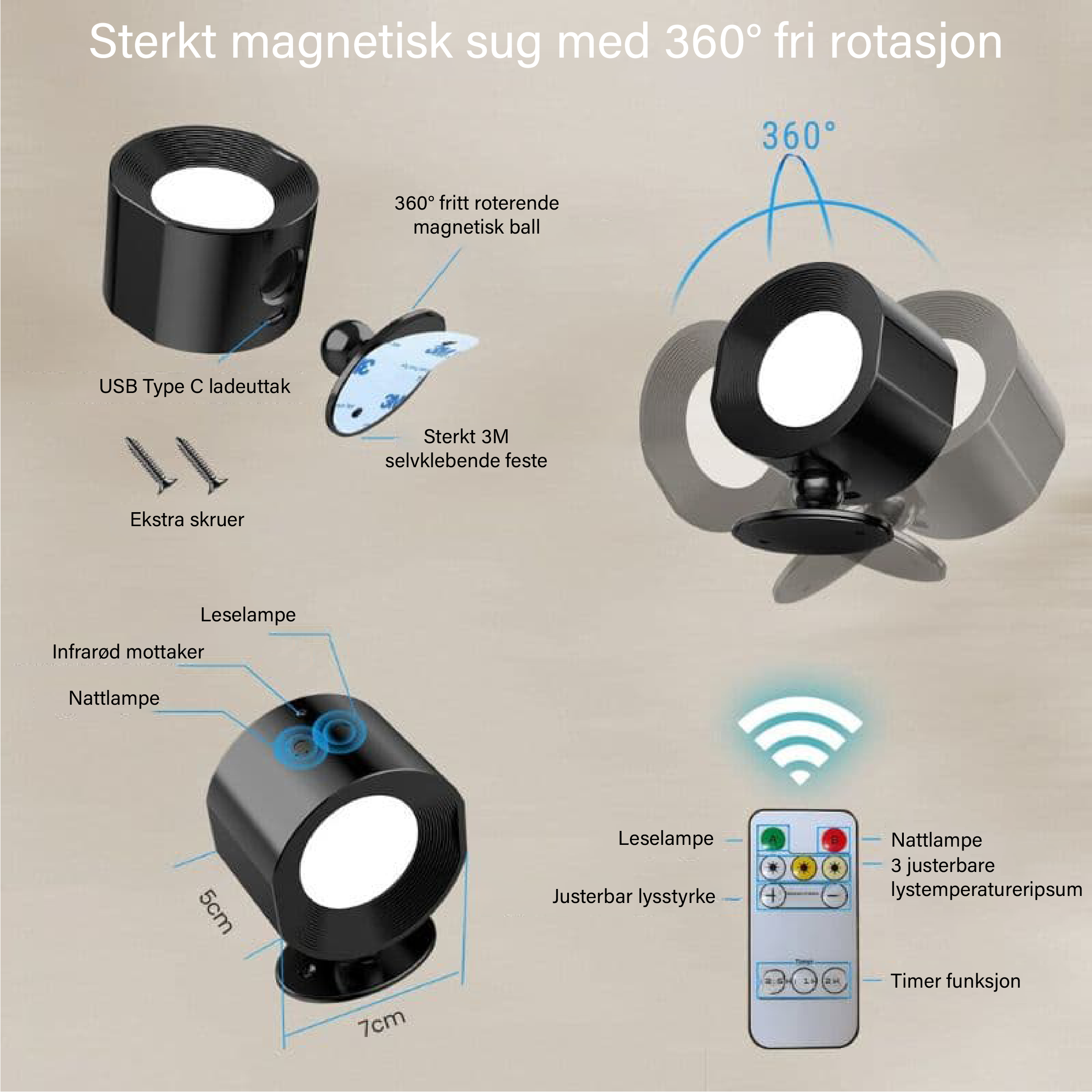Stilren LED vegglampe, oppladbar og kabelfri, perfekt for moderne interiør og enkel belysningsløsning.