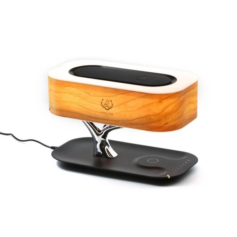 Moderne tre skrivebordslampe med trådløs Qi-lading og Bluetooth-høyttaler. Smartlampe for hjem & kontor.