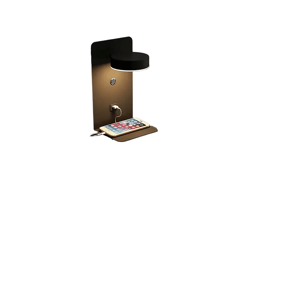 Moderne vegglampe med roterbart LED-hode og integrert USB-ladestasjon. Perfekt som leselys på soverom.