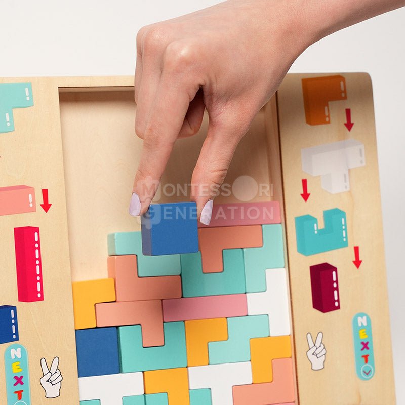 Klassisk Montessori Tetris spill i solid tre, miljøvennlig utviklingslek for barn.