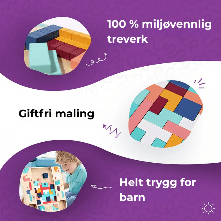 Barn engasjerer seg i Montessori Tetris treleke, bygger og lærer former, motorisk trening.
