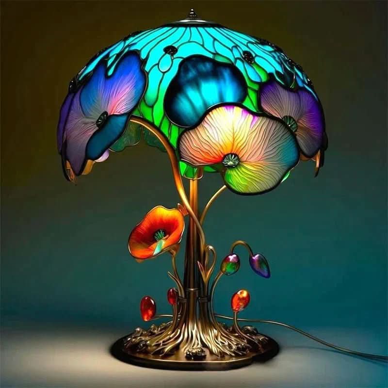 Nærbilde av en intrikat mosaikklampe, viser detaljert farget glass og håndverk.