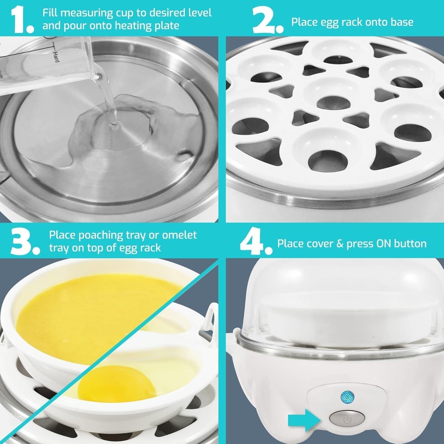Eggkoker vist med målebeger og eggeholder; klar til å lage 7 perfekte frokostegg.