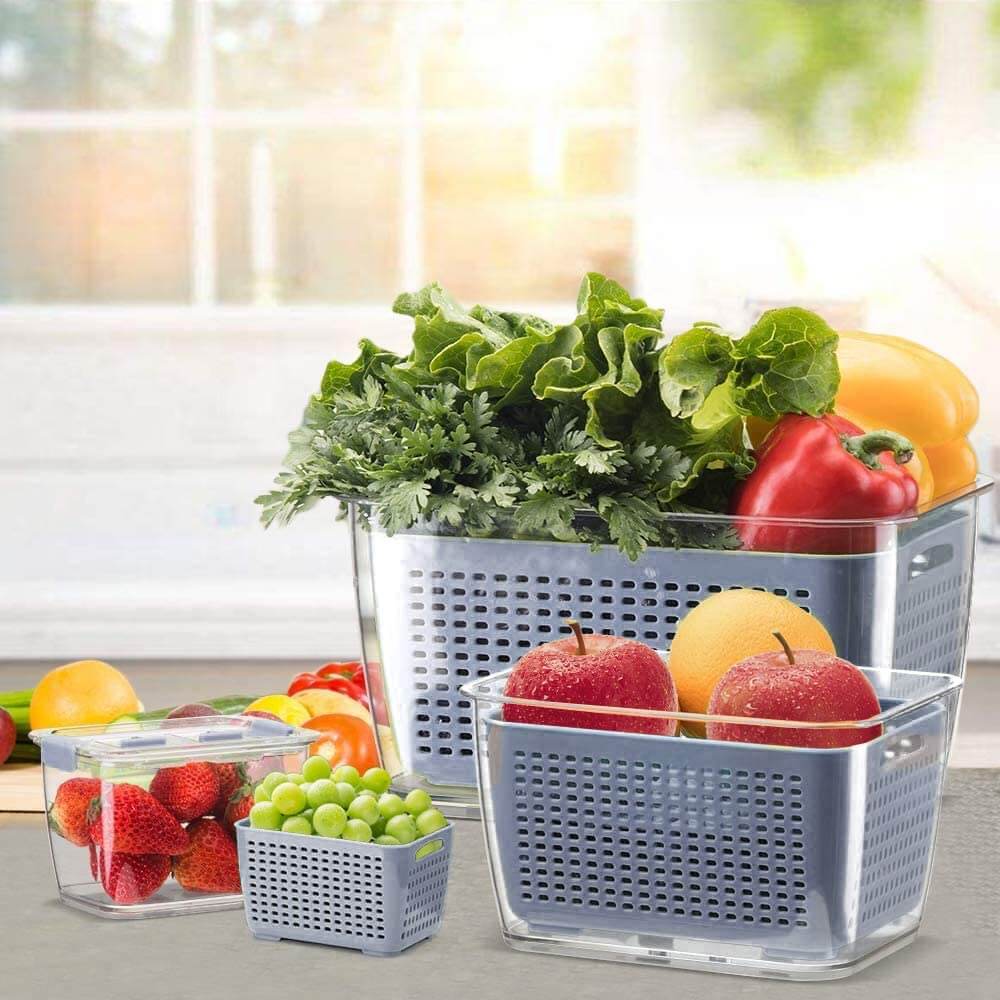 Dreneringskurv for frukt og grønnsaker. Vaskebeholder som holder maten frisk lenger i kjøleskapet.