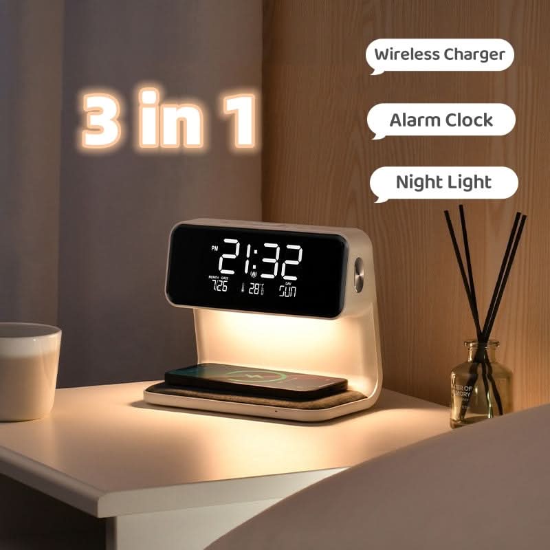 Moderne minimalistisk bordlampe med touchkontroll, integrert trådløs lading for mobil og LED-lys.