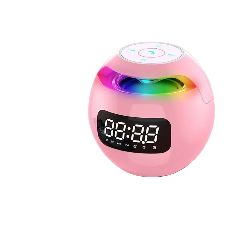 Multifunksjonell vekkerklokke med Bluetooth høyttaler og LED-lys for smart hjemmeinnredning.