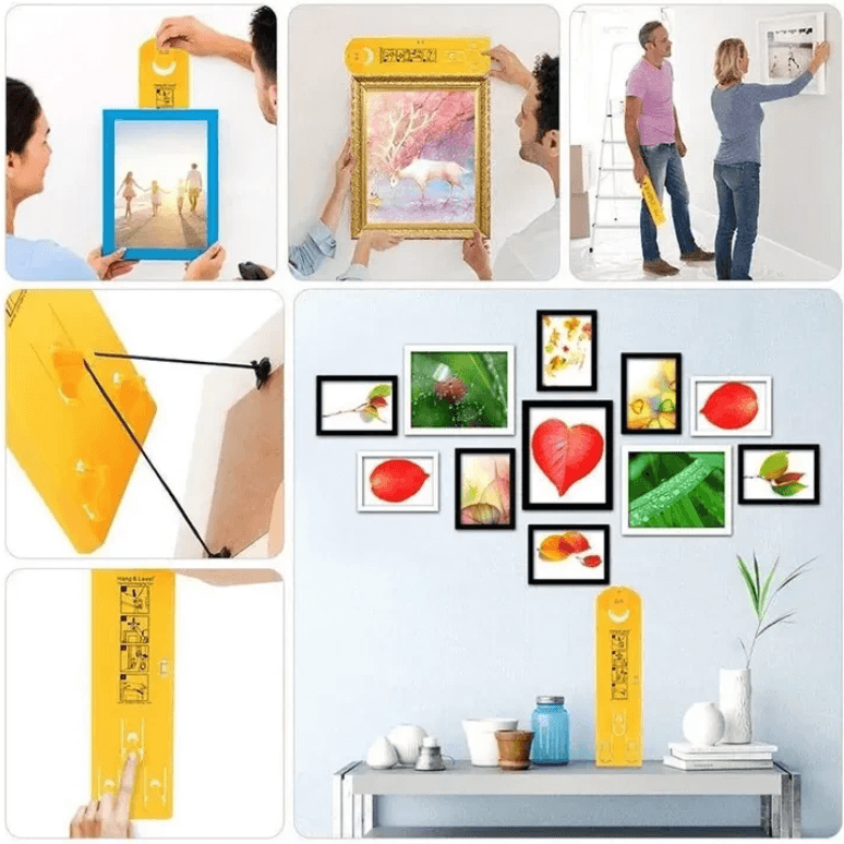 Smart opphengingsverktøy for fotorammer med innebygd vater. Ideelt for DIY og hjemmeinnredning.
