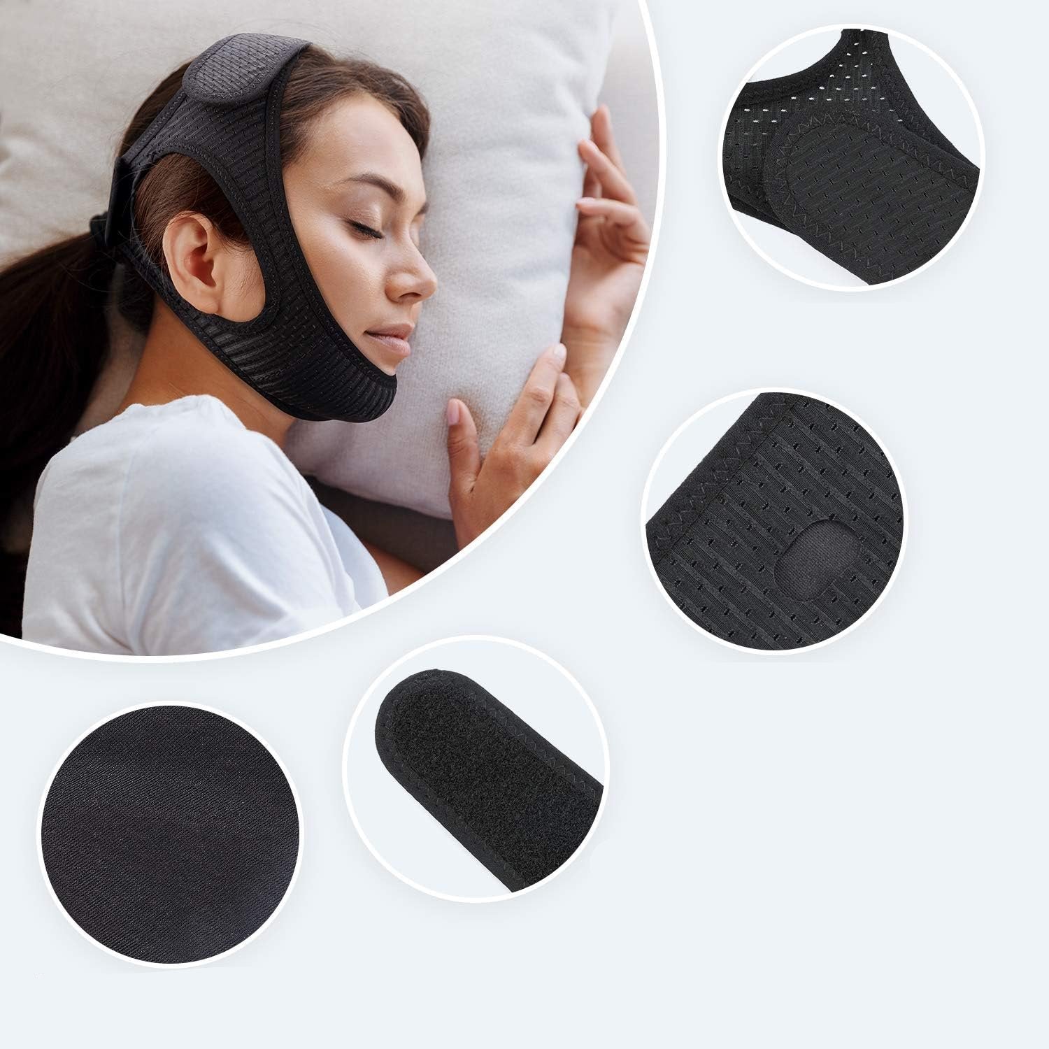 Nattbruks hakereim i mykt, pustende materiale, ergonomisk utformet for optimal komfort mot snorking.