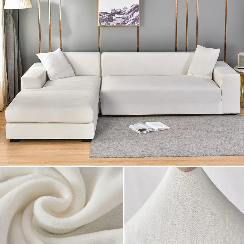 Detalj av elastisk fløyels sofatrekk som sitter perfekt rundt sofahjørne.