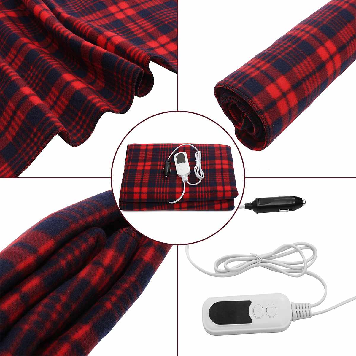 Koselig 12V elektrisk bilteppe i fleece, perfekt for varme på kalde bilturer og reiser.
