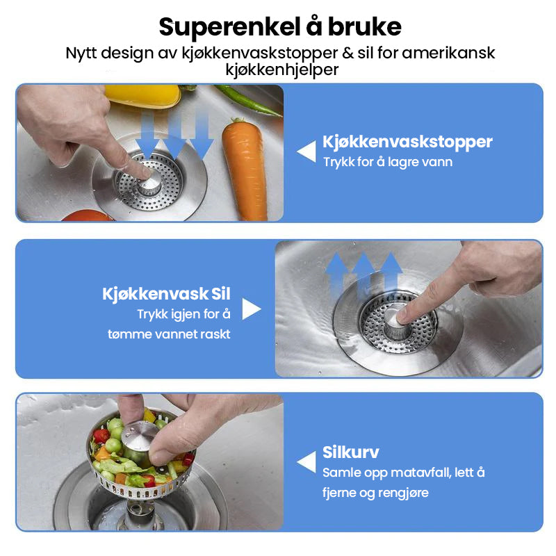 Skinnende kjøkkenvask sil i rustfritt stål. Robust avløpssil som varer lenge. Enkelt renhold.