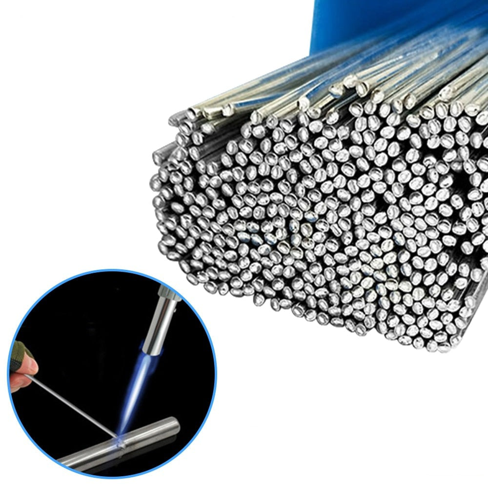 Nærbilde av aluminium sveisestenger, ideelle for enkel metallreparasjon og DIY sveising. Flussfri.