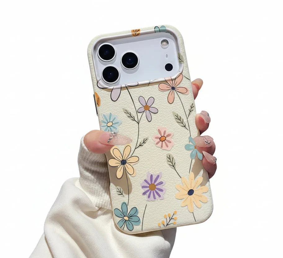 Nærbilde av elegant mobildeksel med detaljert blomstermønster, gir stilfull telefonbeskyttelse.