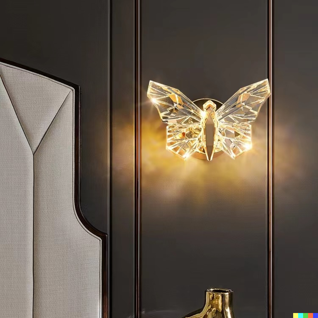 Detaljbilde av gullfarget sommerfugl LED vegglampe. Dekorativt nordisk design for moderne interiør.