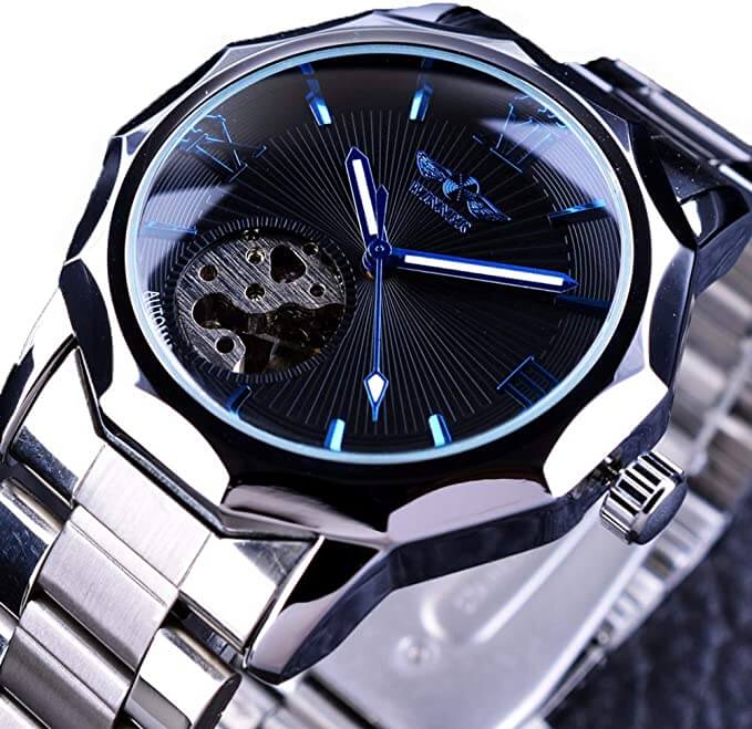 Elegant Ocean Phantom luksusklokke for menn i polert rustfritt stål. Tidløst automatisk armbåndsur med skjelettdesign.