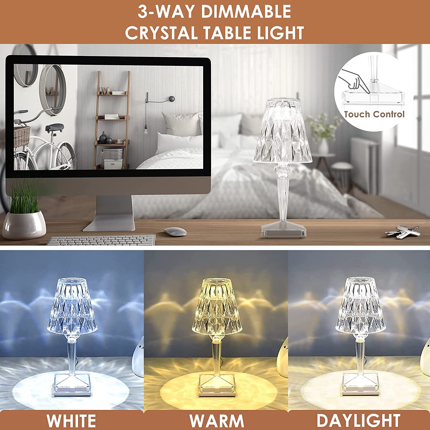 Elegant diamantlampe i akryl, trådløs og oppladbar. Perfekt dekorasjon og belysning for ditt hjem.