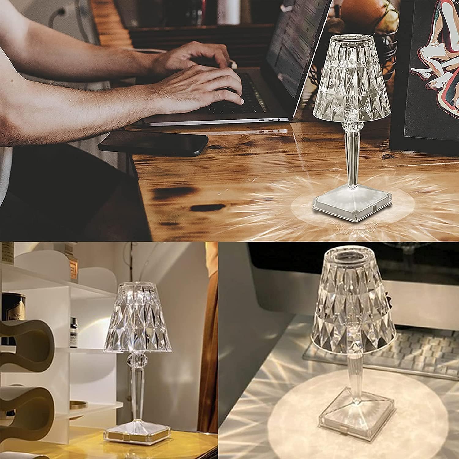Sofistikert trådløs diamantbordlampe for soverommet. Gir varmt og innbydende stemningslys.