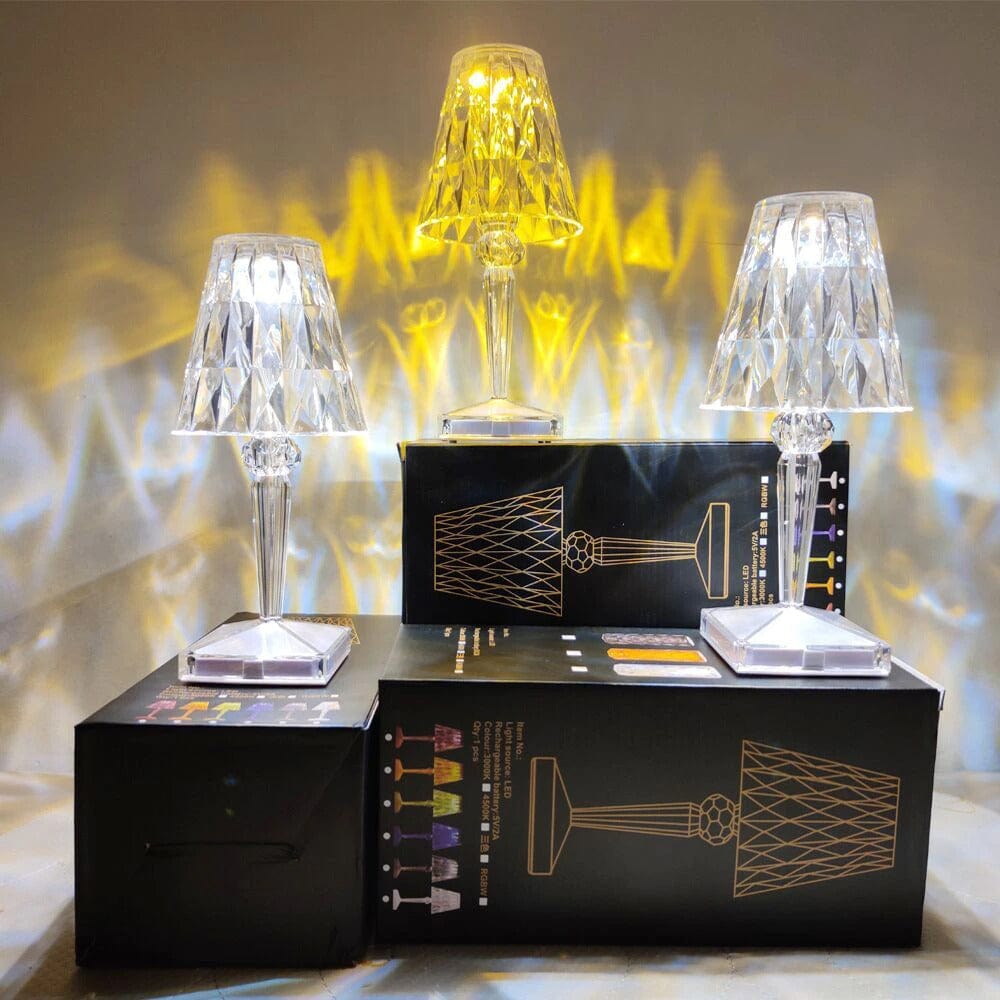 Dekorativ diamantformet LED-bordlampe, oppladbar og trådløs. Gir elegant og justerbart stemningslys.