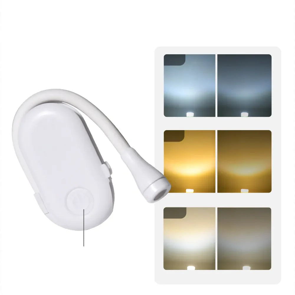 Oppladbar LED boklampe med klips for nattlesing. Fleksibel, dimbar leselampe for øyepleie, perfekt for reise.
