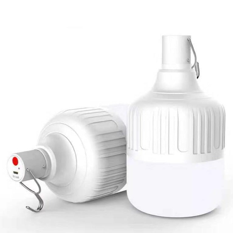 Oppladbar LED-pære med 5 lysmoduser for camping, utendørsbruk og nødbelysning.