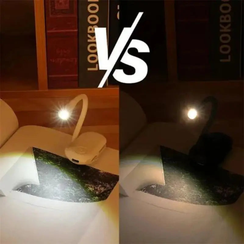 Moderne oppladbar leselampe festet til en bok, med fleksibel hals og mykt leselys.