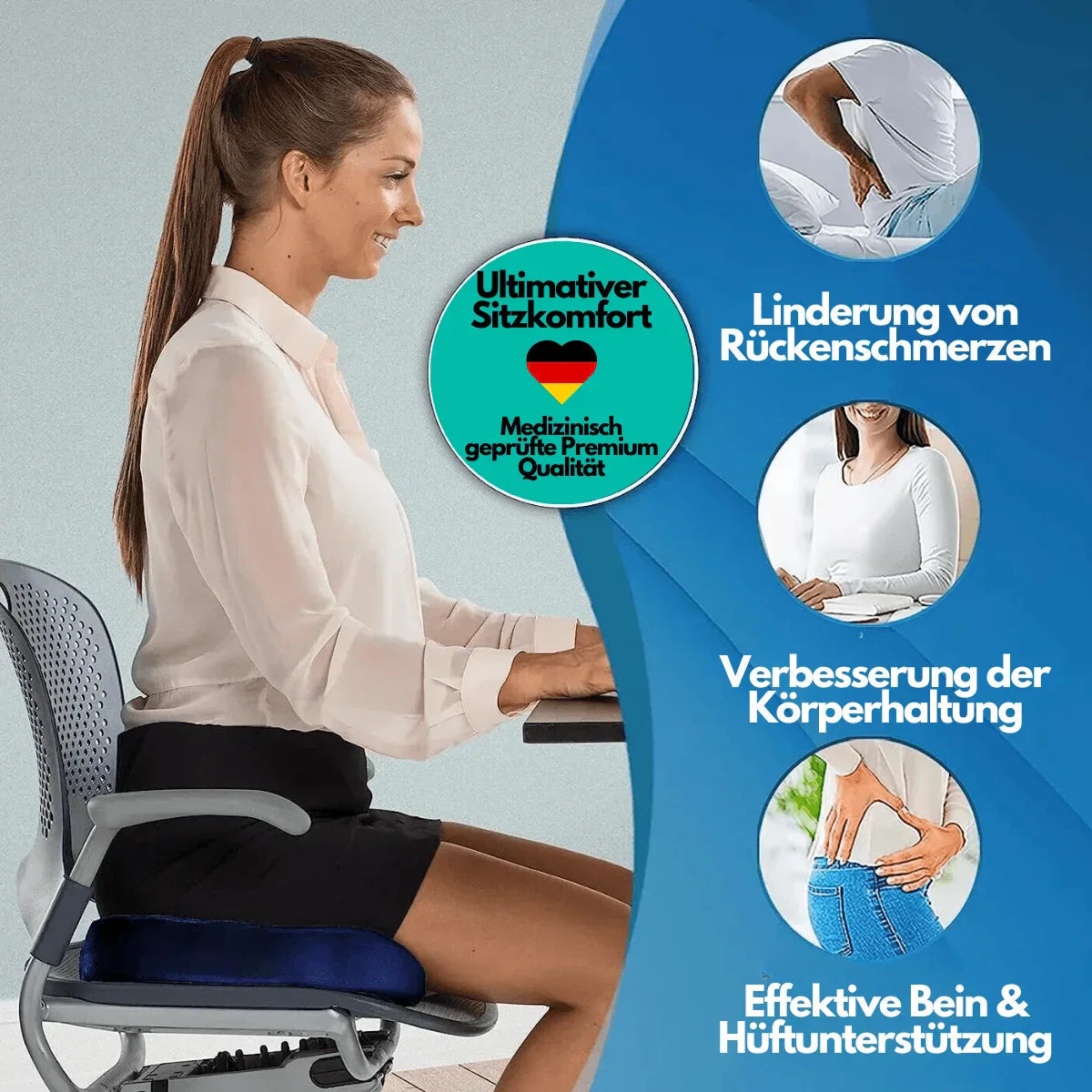 Avansert 4D setepute designet for optimal ergonomi. Gir langvarig komfort for rygg og halebein.