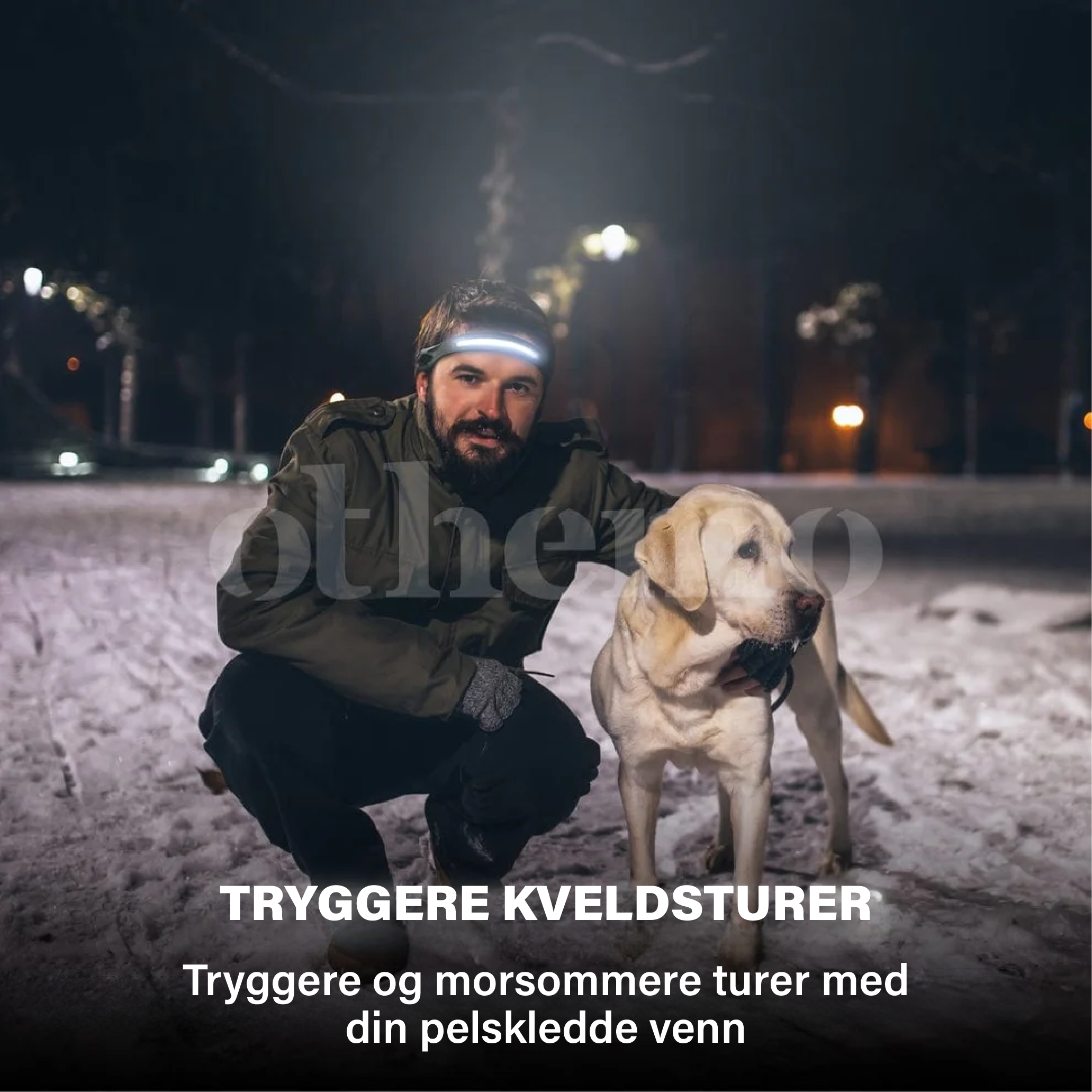 Oppladbar Othemo LED-hodelykt med USB-C for enkel lading, vanntett og klar for utendørs bruk.