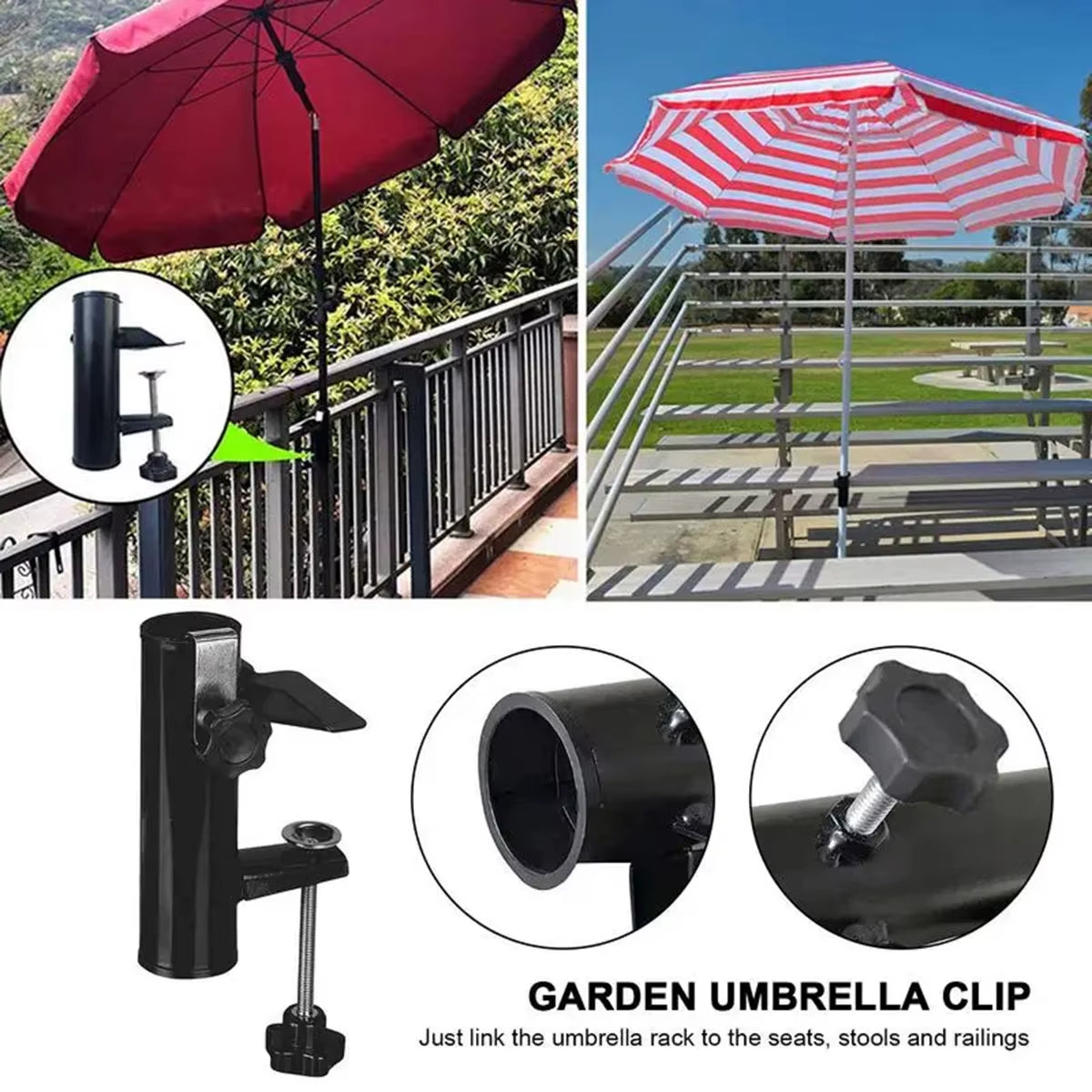 Fleksibel parasollklemme for terrasserekkverk og bord. Robust utemøbler-tilbehør for uteutstyr og camping.