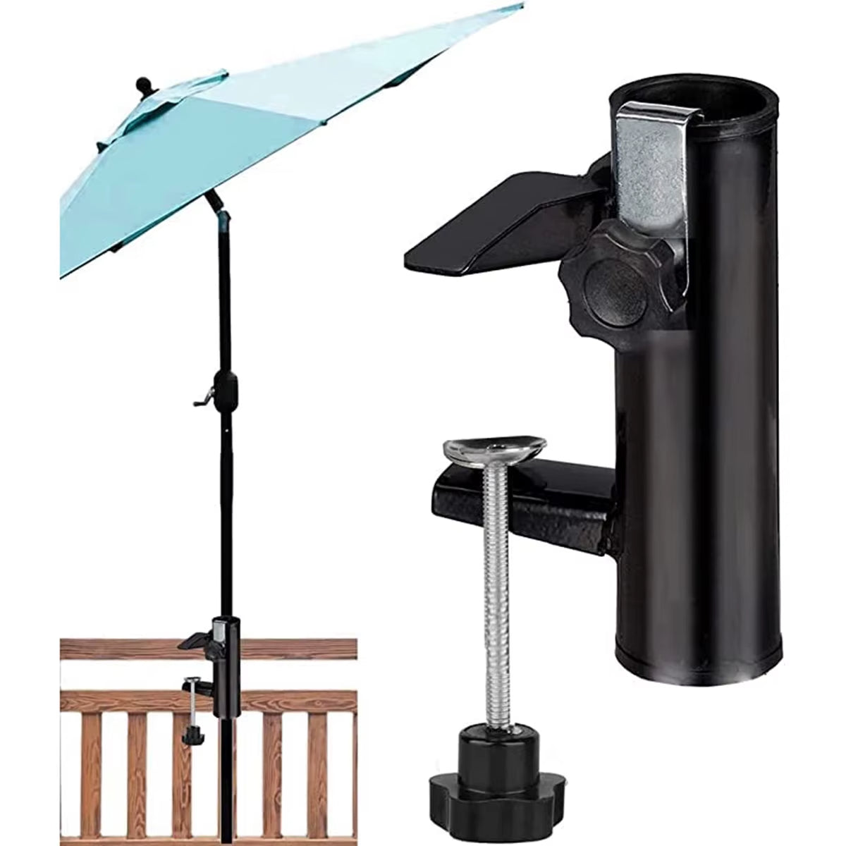 Justerbar parasollholder for balkong og terrasse. Enkel montering for stabil solskjerming over spiseplassen.