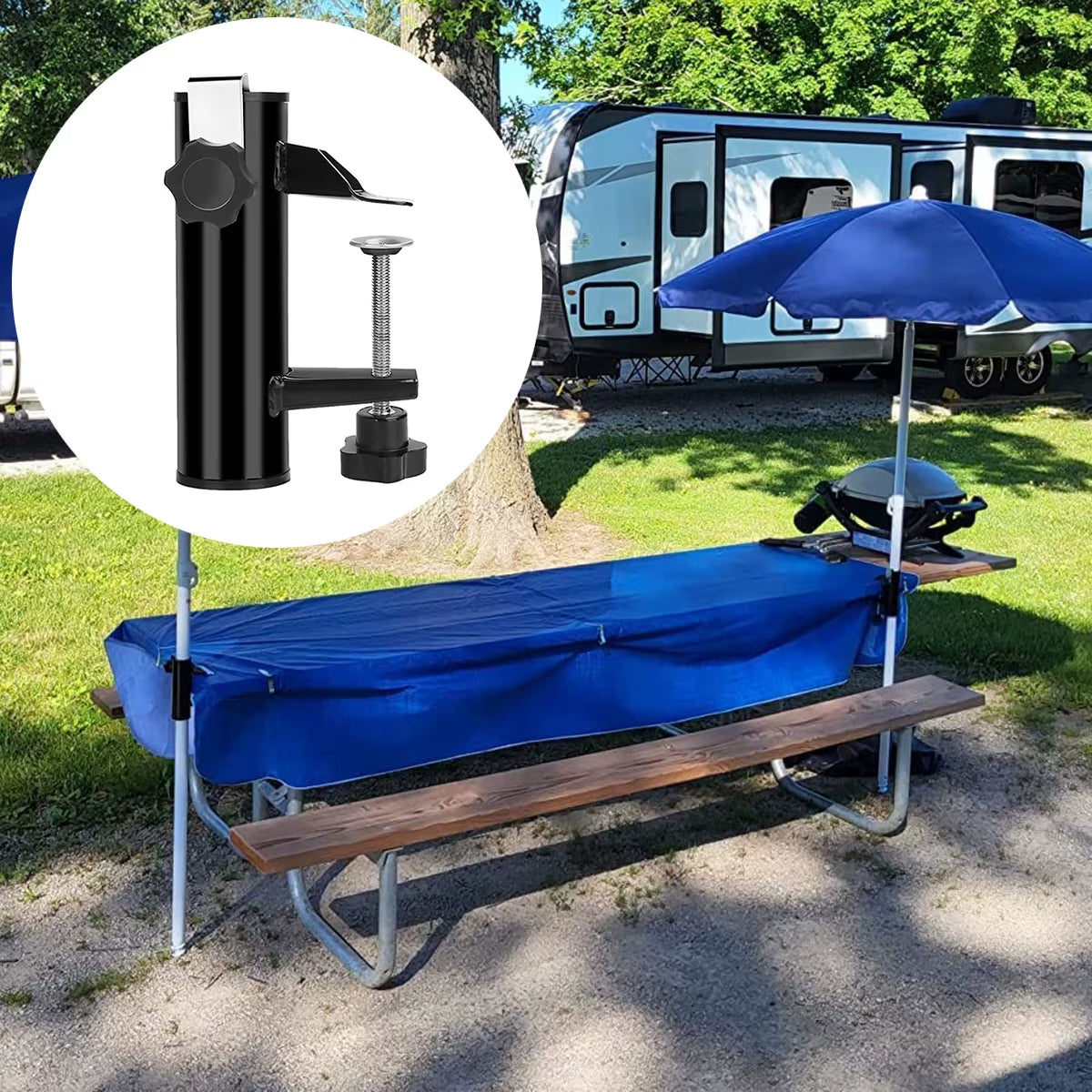 Kompakt parasollholder for balkong, terrasse & campingutstyr. Plassbesparende løsning for solbeskyttelse ute.