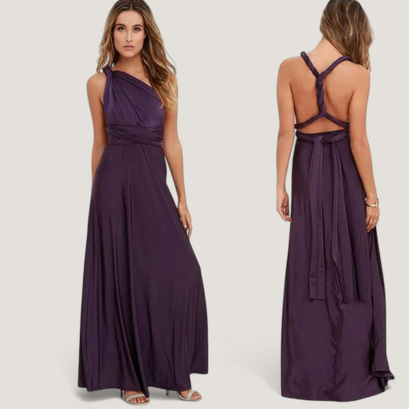 Elegant plissert midi kjole for kvinner, i flytende polyester med elastisk midje. Fest- og hverdagsstil.