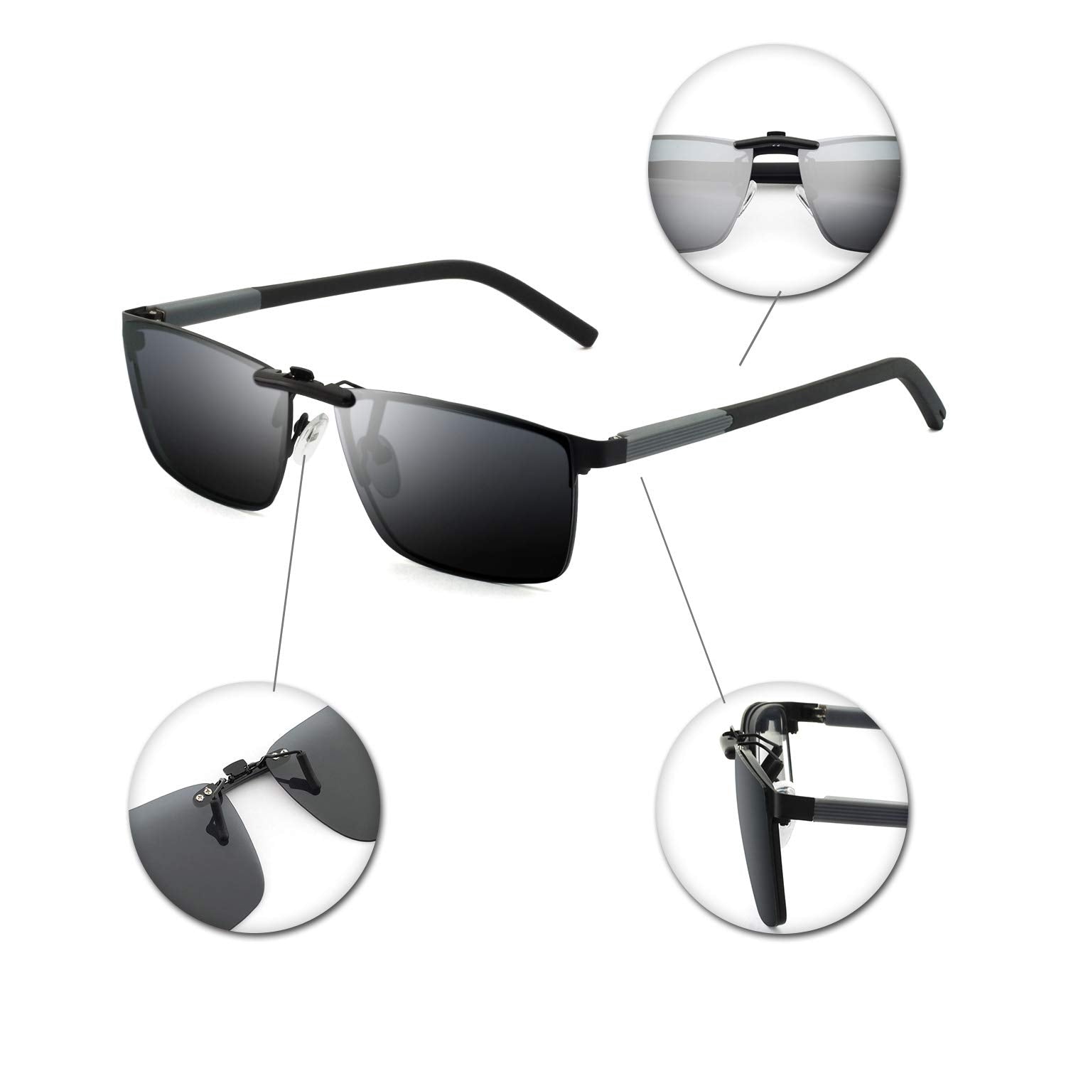 Praktiske unisex klips-solbriller, polariserte for klarere syn. Essensielt brilletilbehør med UV-beskyttelse.
