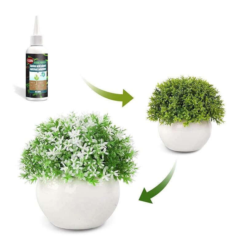 Premium plantenæring for frodig vekst og rik blomstring, flaske med etikett. Ideell for hagepleie.