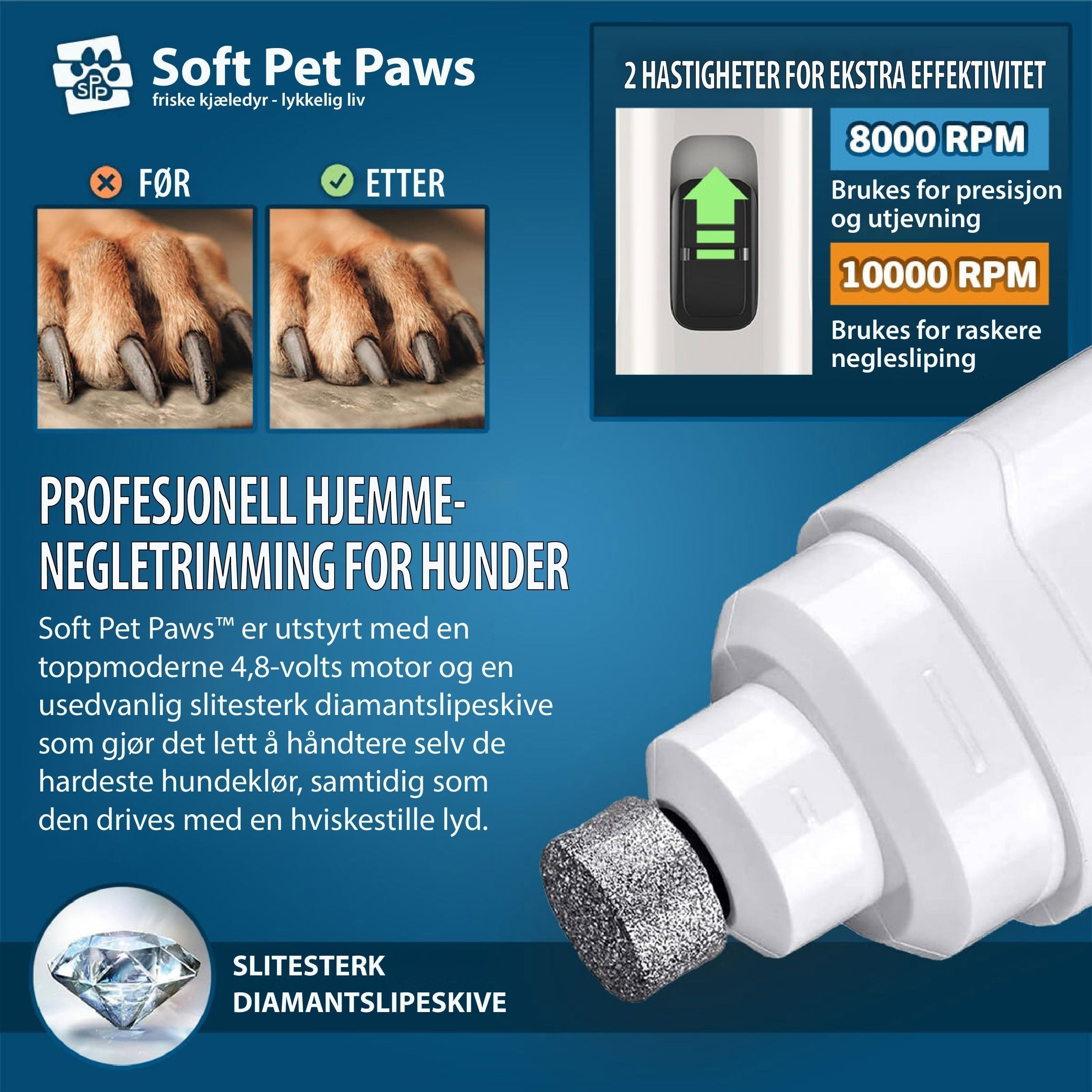 Kompakt og kraftig neglesliper for hund. Perfekt for effektiv og trygg klotrimming, en del av grooming sett.