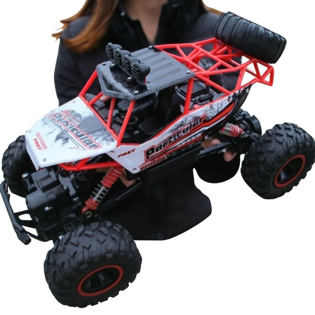 Kraftig 4x4 RC monstertruck på et grusete underlag. Radiostyrt bil for spennende og holdbar utendørs moro.