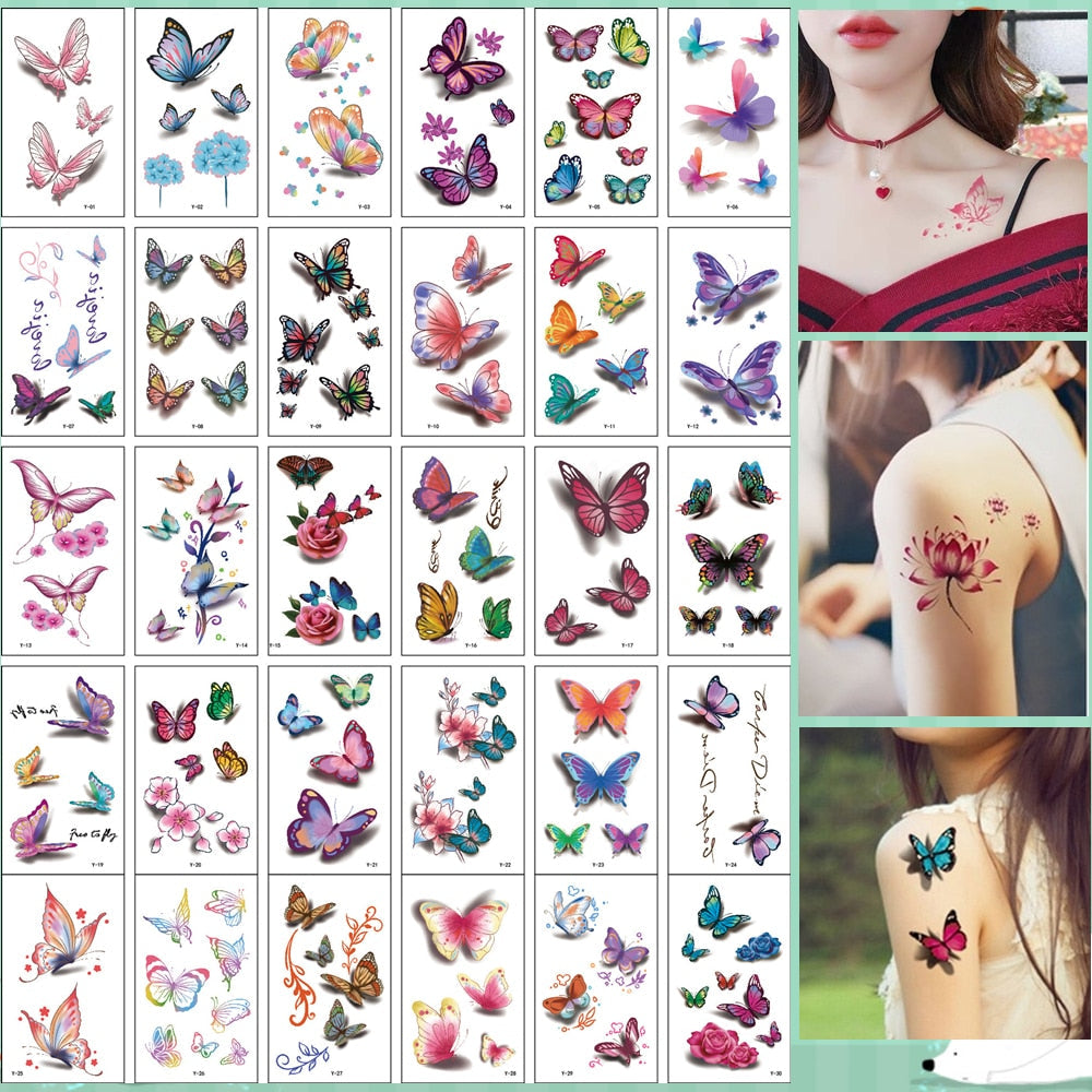Fargerik 3D blomster tatovering klistremerke. Vanntett, langvarig hudkunst for fest og sommer. Realistisk DIY design.