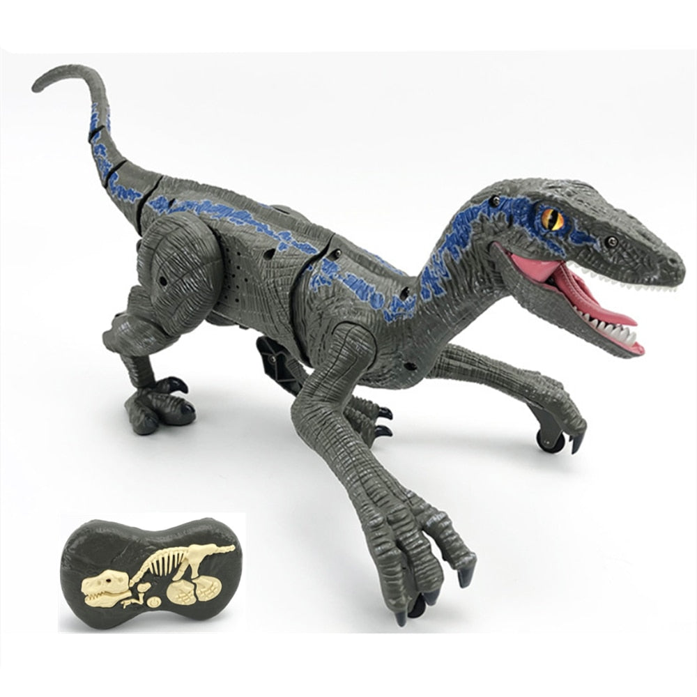 Detaljert RC dinosaurleke. Realistisk Velociraptorfigur med fjernkontroll, utvikler barnas fantasi og motorikk.