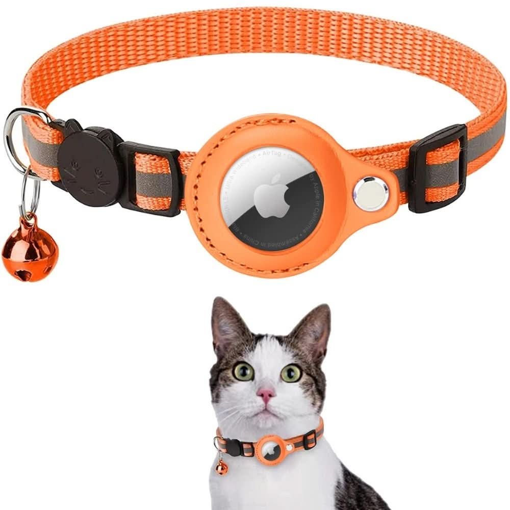 Grått GPS-halsbånd i nylon for katt. Reflekterende design for bedre synlighet og økt kattesikkerhet.