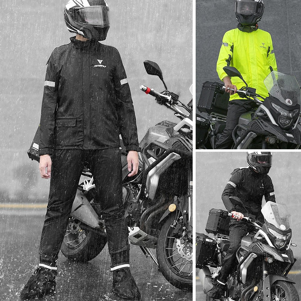 Passform av reflekterende motorsykkel regndress for optimal bevegelsesfrihet. Værbestandig og komfortabel.