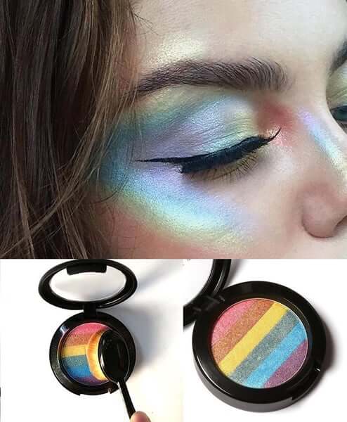Nærbilde av regnbue highlighter contour palett med levende farger og teksturer.