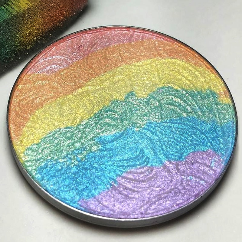 Regnbuepalett med highlighter, bronzer og contour for en komplett ansiktssminke.