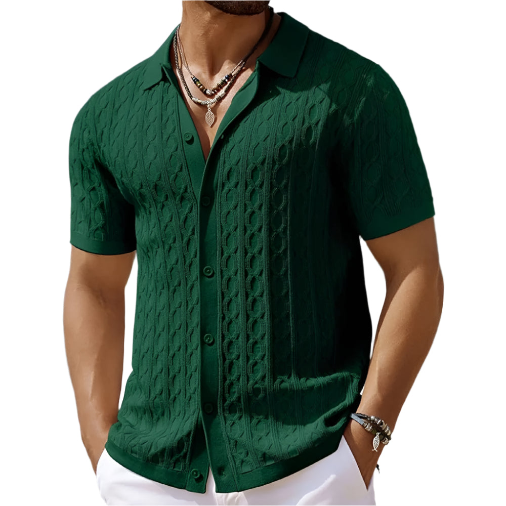 Retro jacquardstrikket polo for menn. Komfortabel fritidsskjorte i smart-casual stil med vintage look.