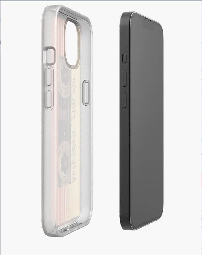 Silikon- og TPU-deksel til iPhone med retro kassettgrafikk. Et holdbart og stilfullt mobiltilbehør.